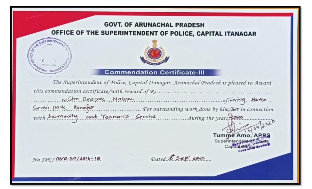 Commendation Certificate from Superintendent of Police, Itanagar
