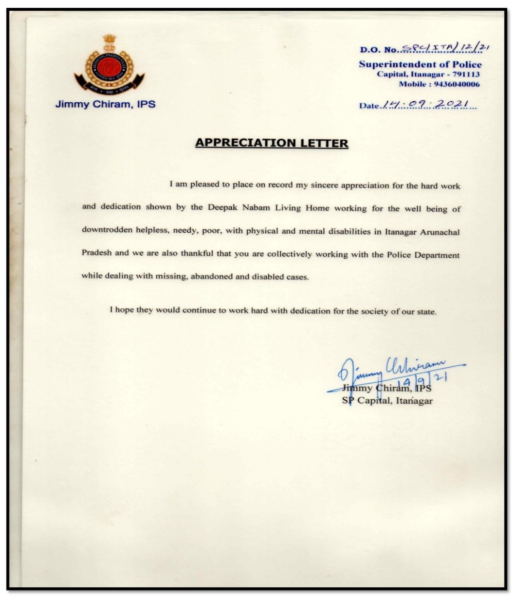 10 - Appreciation Letter from Superintendent of Police Itanagar Capital Region