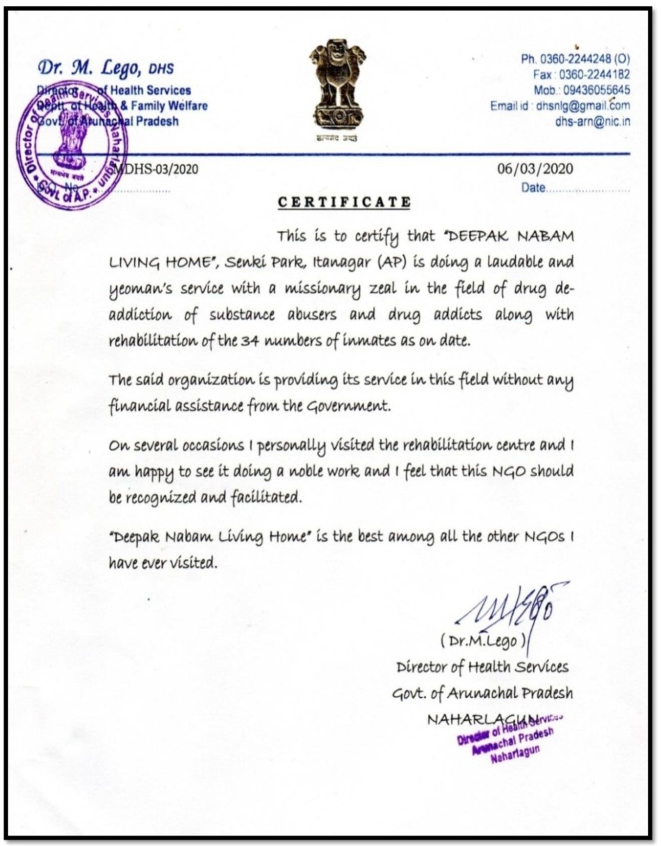 11 - Certificate of Appreciation from Director of Health Services, Govt of Arunachal Pradesh