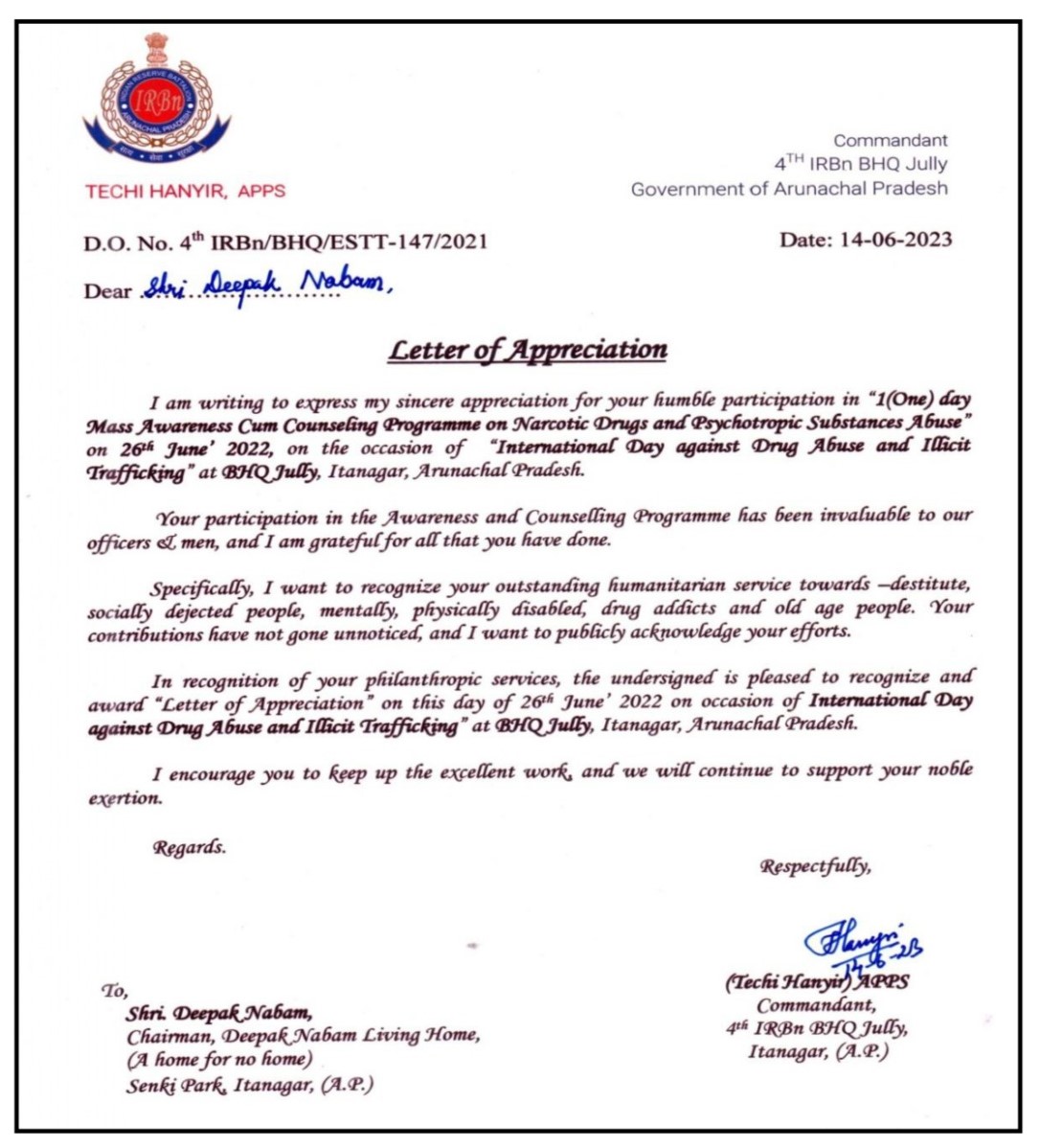 12 - Letter of Appreciation from Commandant, 4th IRBN BHQ Jully Itanagar 2023
