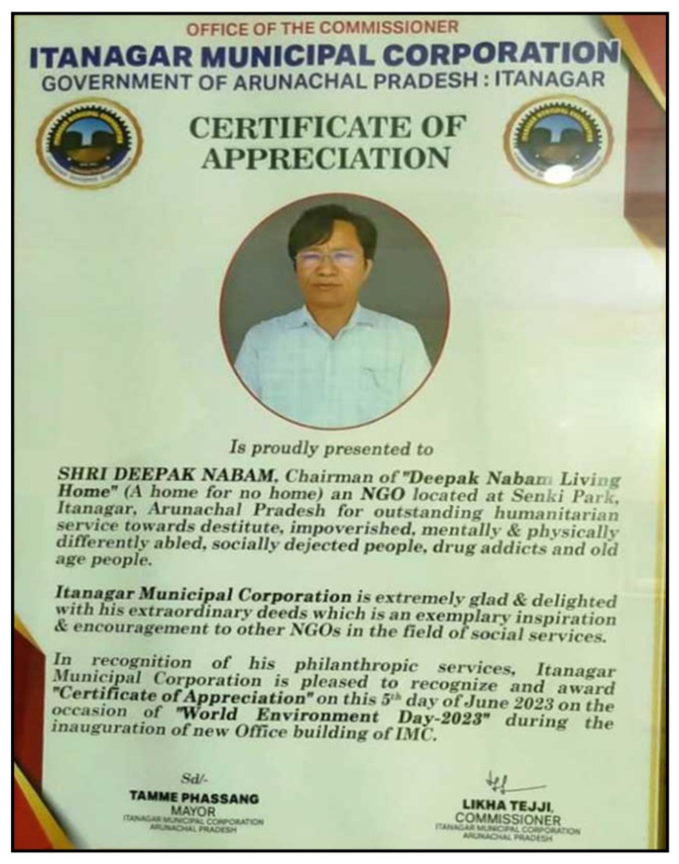 15 - Certificate of Appreciation from Itanagar Municipal Corporation (IMC), Govt of Arunachal Pradesh