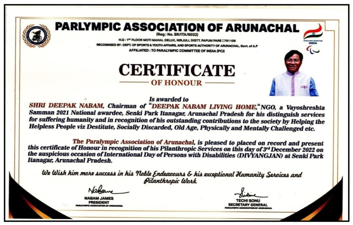 16 - Certificate of Honor from Parlympic Association of Arunachal Pradesh at Itanagar 2023